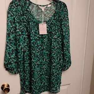 LC Lauren Conrad Green Black 3/4 Sleeve Relaxed Blouse